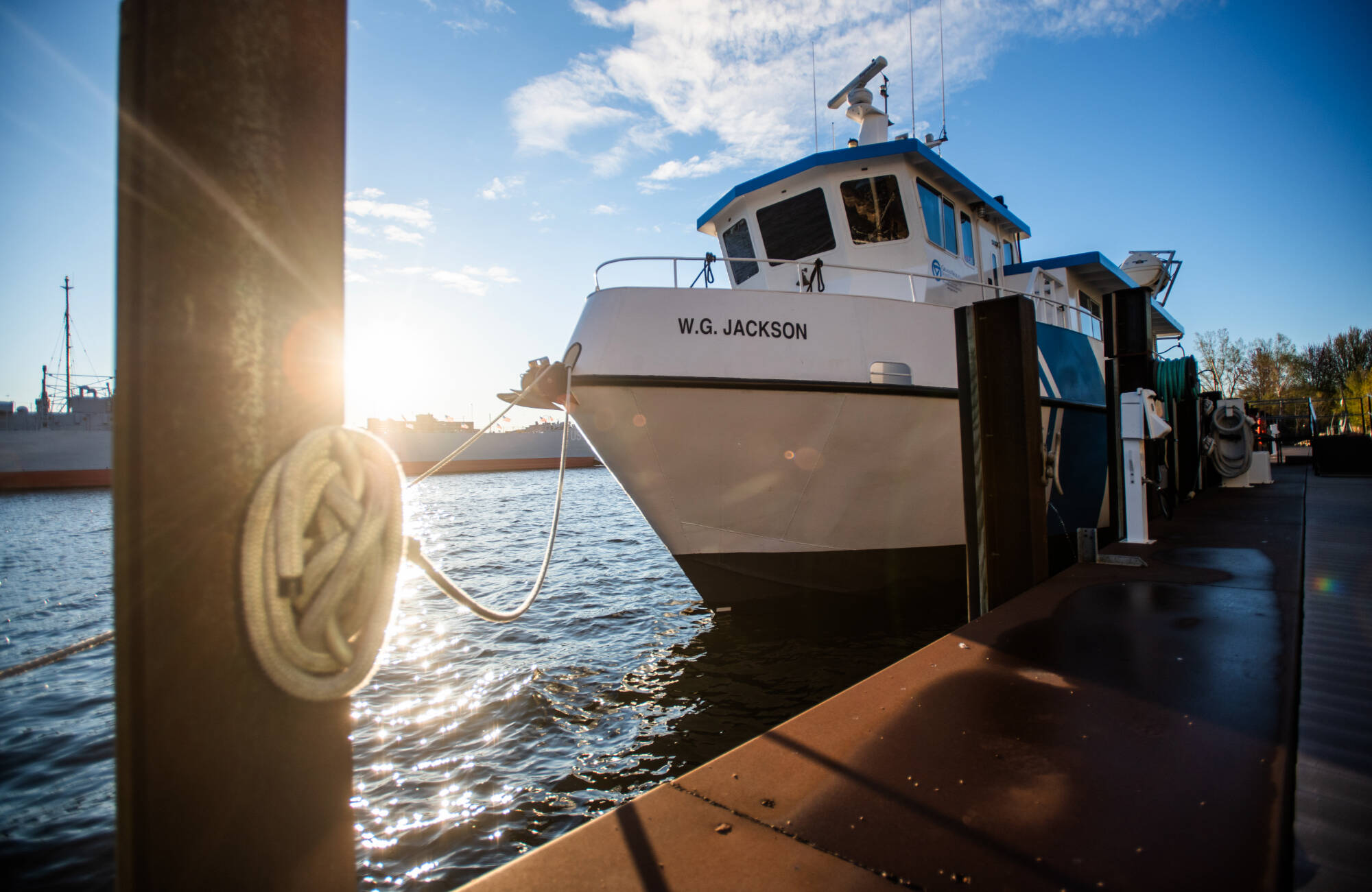 GVSU-AWRI research vessel the W.G. Jackson sits docked in Muskegon.